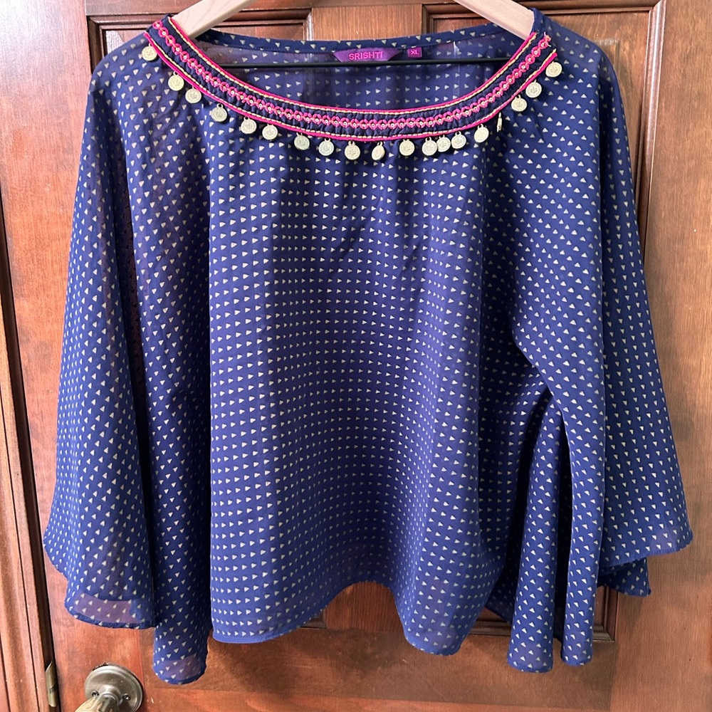 Pretty Blue Boxy Blouse with Embellished Coin Bib Collar. Size XL